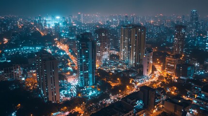 An aerial view of Gurugram downtown at night, highlighting the illuminated buildings and vibrant cityscape in the Haryana district of India.