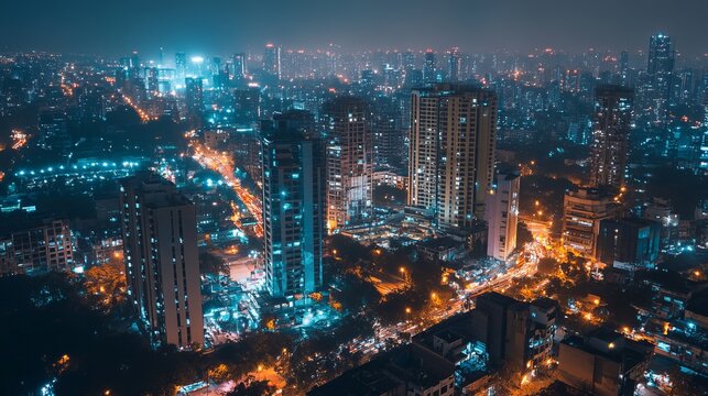 An aerial view of Gurugram downtown at night, highlighting the illuminated buildings and vibrant cityscape in the Haryana district of India.