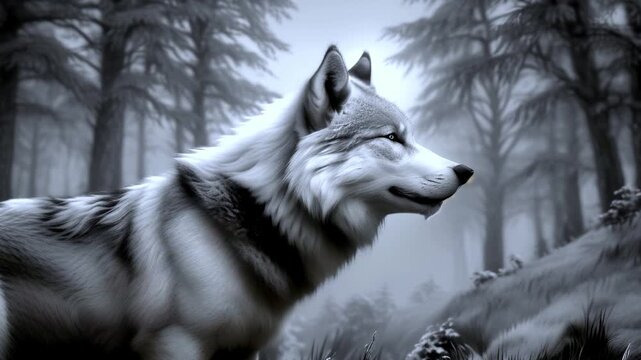 wolf in a misty forest, monochrome wild nature scene, powerful animal on alert in the wilderness video