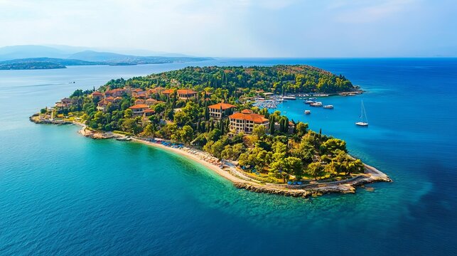 An amazing drone view of Heybeliada Island in Turkey, captured from a bird's eye angle.