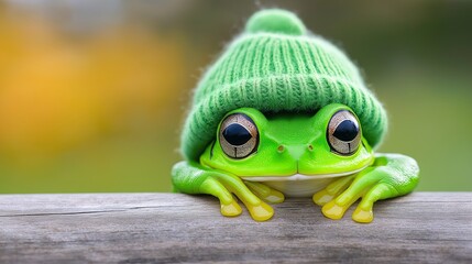 A frog wearing a green hat is sitting on a wooden post. The hat is green and fuzzy, and the frog has a serious expression on its face
