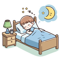 A little boy kid sleeps at night on his bed. White background. Illustration. White background.