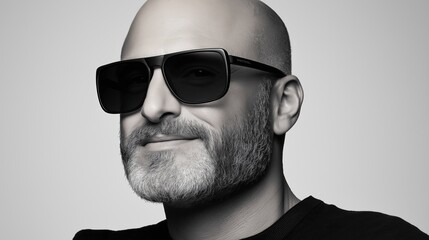 Obraz premium A man with a beard and glasses is smiling. He is wearing sunglasses and a black shirt. The image is black and white