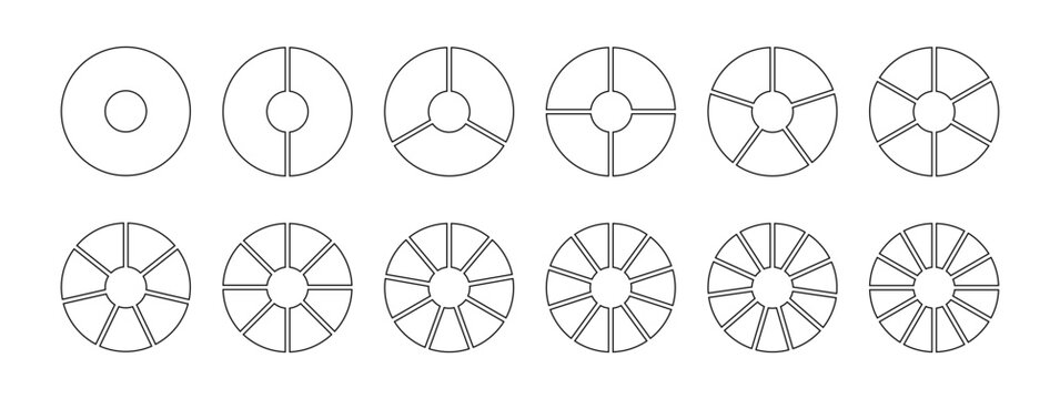 Circle division infographic icon set. Pie chart divided 8,9,10 equal parts. Outline ring donut round diagram. Infographic circular wheel fraction. Vector illustration isolated on white background.