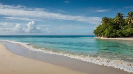 A tranquil ocean scene with turquoise waters lapping against a deserted sandy beach, surrounded by lush greenery, with a clear space on the left side for text.