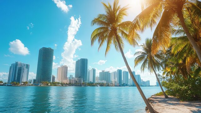 A view of Miami, Florida, USA, with palm trees flanking both sides next to the bay. 
