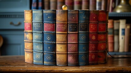 a stack of books on a table. 
