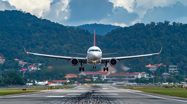 An Airbus A320 from AirAsia landing at Phuket International Airport (HKT) in Phuket, Thailand.