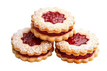 Jam filled Linzer cookies topped with red fruit preserve isolated on white transparent background.