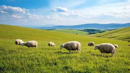 Obraz premium Sheep peacefully grazing in a lush green pasture in the countryside.