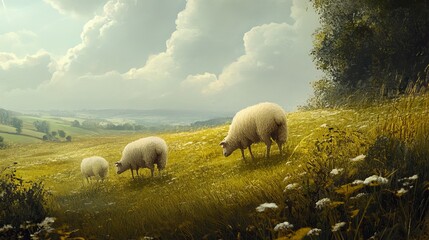 Fototapeta premium Sheep peacefully grazing in a lush green pasture in the countryside.