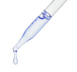 Dropper with blue cosmetic oil on white background