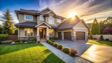 Warm sunlight casts a welcoming glow on a modern, newly built suburban home with a beautifully manicured lawn and a paved driveway.