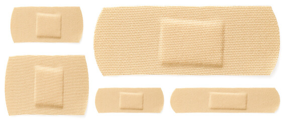 Many different medical plasters isolated on white, set