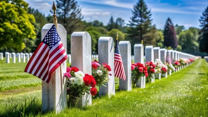 Row of solemn white headstones adorned with American flags and fresh flowers honoring fallen heroes at a serene and patriotic military cemetery on Memorial Day.