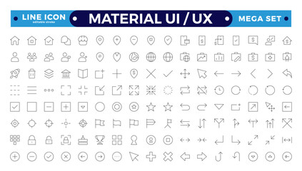 Best collection of material ui ux icon set, user interface icon set collection. Basic User Interface Essential Set. Line Outline Icons. For App, Web, Print. Editable stroke outline icon. 