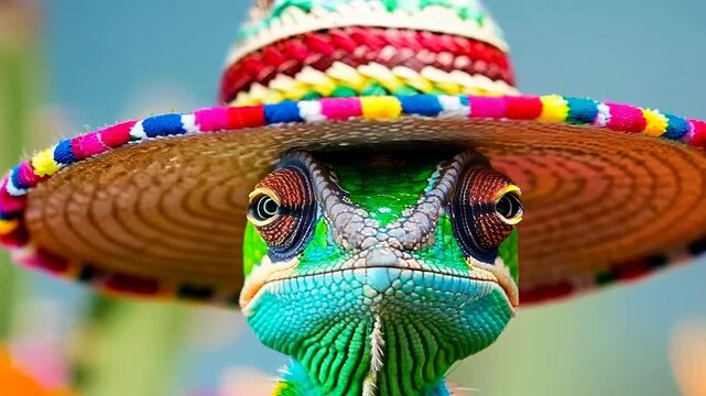Vibrant chameleon wearing colorful sombrero in festive setting