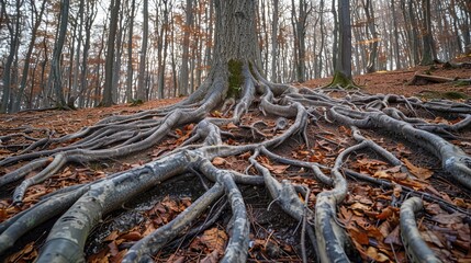 Exposed tree roots sprawling across forest floor Tangled network of roots Fallen leaves Woodland ecosystem Earthy tones Wide-angle view