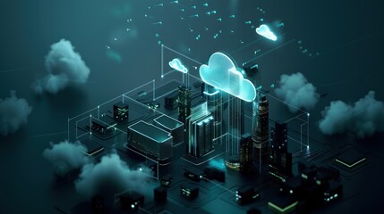 Naklejka premium Cyber City: Cloud Computing Network