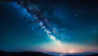 A heart-shaped nebula glows softly in the night sky, surrounded by twinkling stars. The scene is serene, with a gradient of deep blues transitioning to a warm horizon.