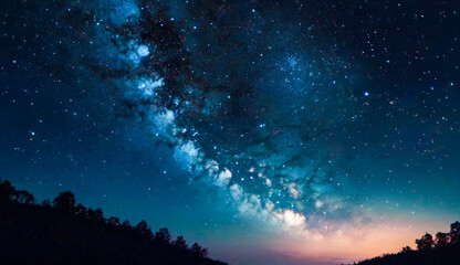 Fototapeta premium A heart-shaped nebula glows softly in the night sky, surrounded by twinkling stars. The scene is serene, with a gradient of deep blues transitioning to a warm horizon.