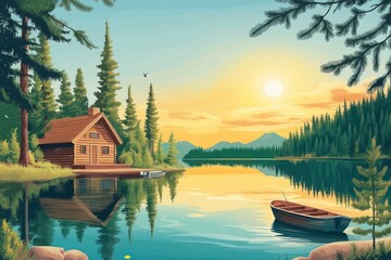 Fototapeta premium A Cabin by the Lake with a Sunset and Boat in the Foreground