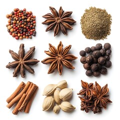 Assortment of Aromatic Spices and Herbs on White Background