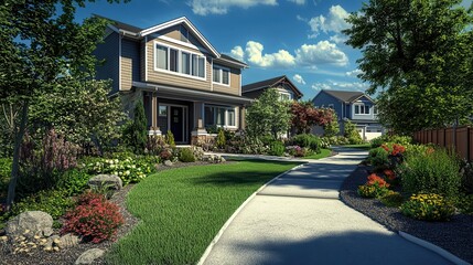 A house with a beautiful front yard landscape settings