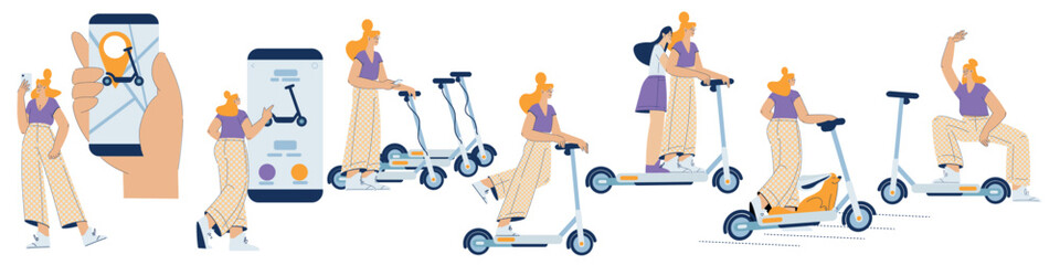 Electric Transport with Woman Character Ride Scooter as Eco-friendly Vehicle Vector Illustration