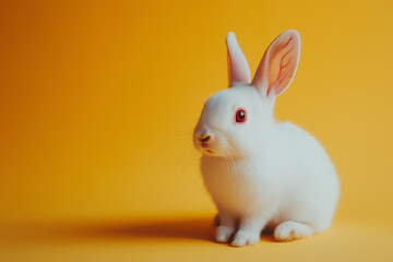 Obraz premium A white rabbit with red eyes against a bright yellow background, sitting alert, symbolizing purity and the essence of innocence with room for text.