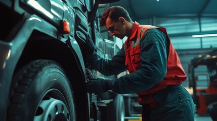 Mechanic inspecting a semi-truck tire in a garage