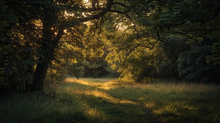 Sunlit forest path in autumn Golden light filtering through trees Fallen leaves on ground Tranquil woodland scene Warm earthy tones Nature walk