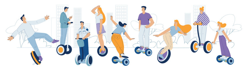 Electric Transport with Man and Woman Character Ride Eco-friendly Vehicle Vector Illustration