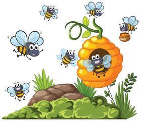 Busy Bees Around Honeycomb