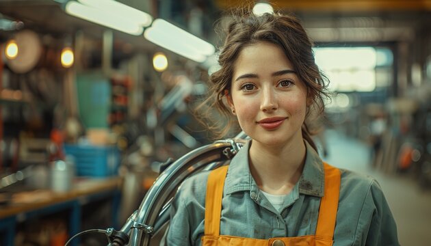 Bicycle mechanic carrying a bike in workshop 