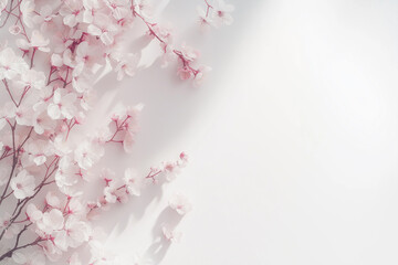 Fototapeta premium Delicate cherry blossoms on a white background, creating a soft and romantic atmosphere with ample copy space.