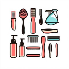 Obraz premium 240805 89. A simple vector icon illustration depicting the group of beauty accessories at center for a website isolated white background with hairbrush comb hair ties bobby pins headband makeup bag