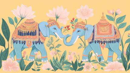 Obraz premium A Pichwai Floral Painting with Traditional Elephants, Digital painting, Flat Illustration