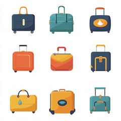 240805 92. A simple vector icon illustration depicting the group of luggage accessories at center for a website isolated white background with luggage tag trolley bag duffel bag packing cubes travel