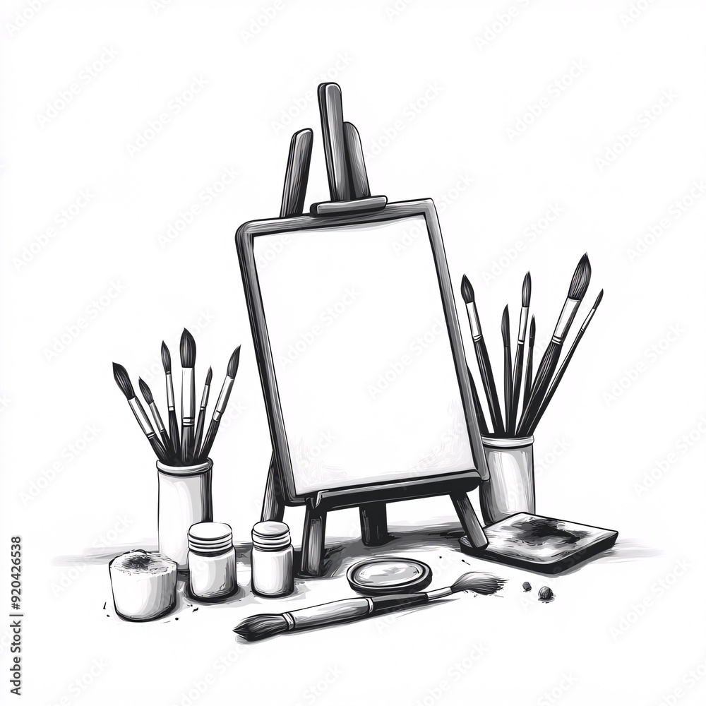 Wall mural 240805 101. A simple vector icon illustration depicting the group of art supply items at center for a website isolated white background with paintbrush palette canvas easel charcoal pencil sketch pad