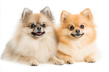 Obraz premium Two Pomeranian dogs sitting side by side against a white background, both smiling and exuding cuteness, showcasing their fluffy coats and joyful expressions.