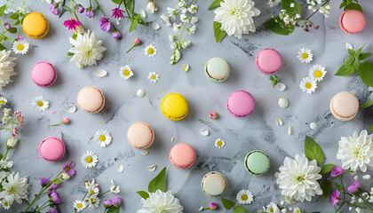 Obraz premium Spring flowers and Different types of macaroons background top view, banner size, flat lay