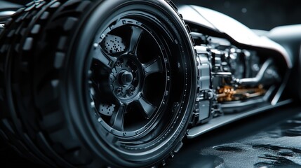 Close-up of a Black Sports Car Wheel and Tire
