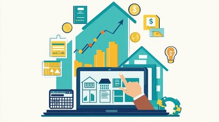 Fototapeta premium Real Estate Investment and Growth Strategy with Laptop, Charts, and Calculator