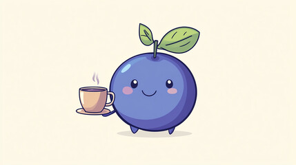 Obraz premium A cute cartoon blueberry character holding a steaming cup of coffee, perfect for illustrating warmth and cheerfulness.