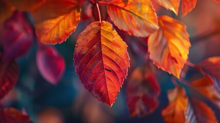 Vibrant autumn leaves in shades of red orange and purple Close-up of fall foliage Colorful nature detail Seasonal change Leaf texture Botanical beauty