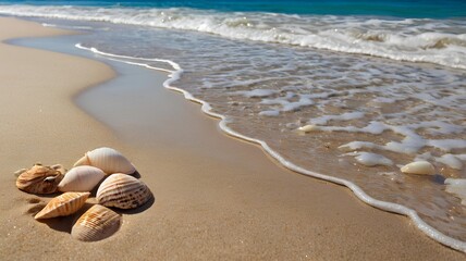 A peaceful sandy beach with seashells scattered along the shore, crystal-clear ocean waves rolling in, with ample space on the left for text.