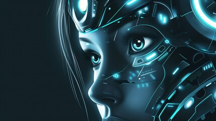 Futuristic Cyborg Woman with Neon Blue Lights