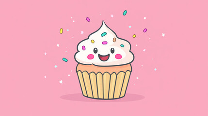 A cute cartoon cupcake with a smiling face, topped with swirls of frosting and colorful sprinkles on a cheerful pink background.