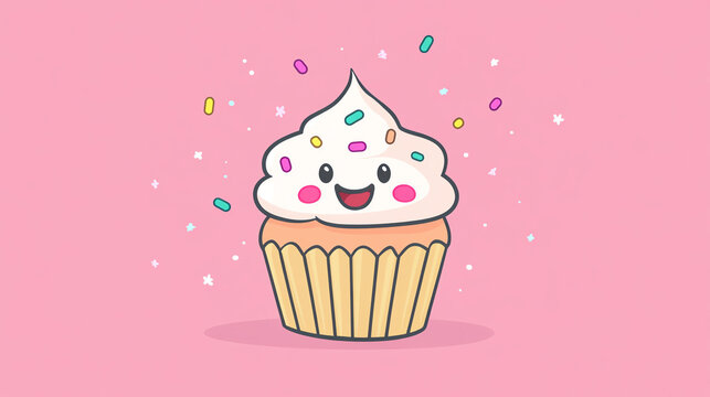 A cute cartoon cupcake with a smiling face, topped with swirls of frosting and colorful sprinkles on a cheerful pink background.